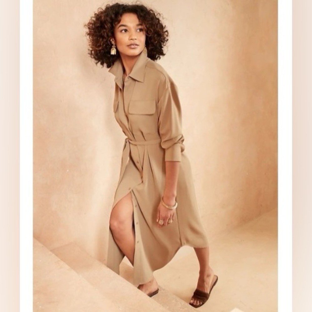 Banana Republic Tencel Beige Tan Belted Utility Button Up Safari Shirt Dress